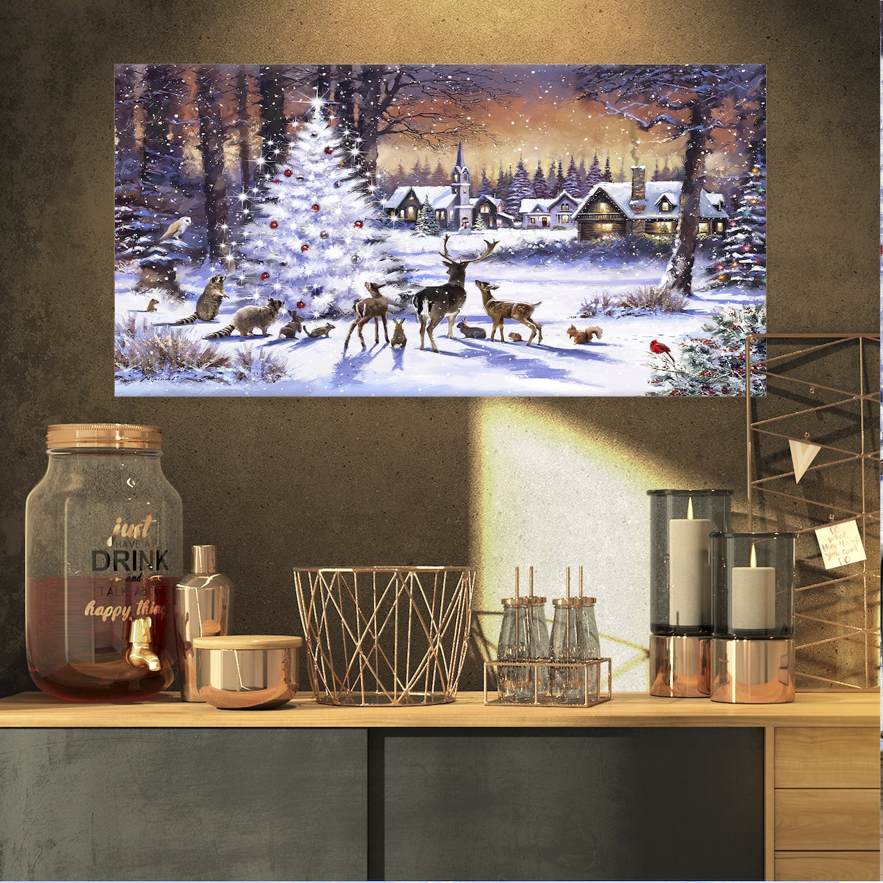 Designart Christmas Woods with Deer, Buck & Owl Canvas Art
